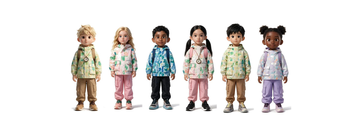 The Walking Pi Adventures crew standing in a row: Darcy, Ivanka, Lucas, Kira, Ryan and Luna in their Walking Pi rain jackets and shoes
