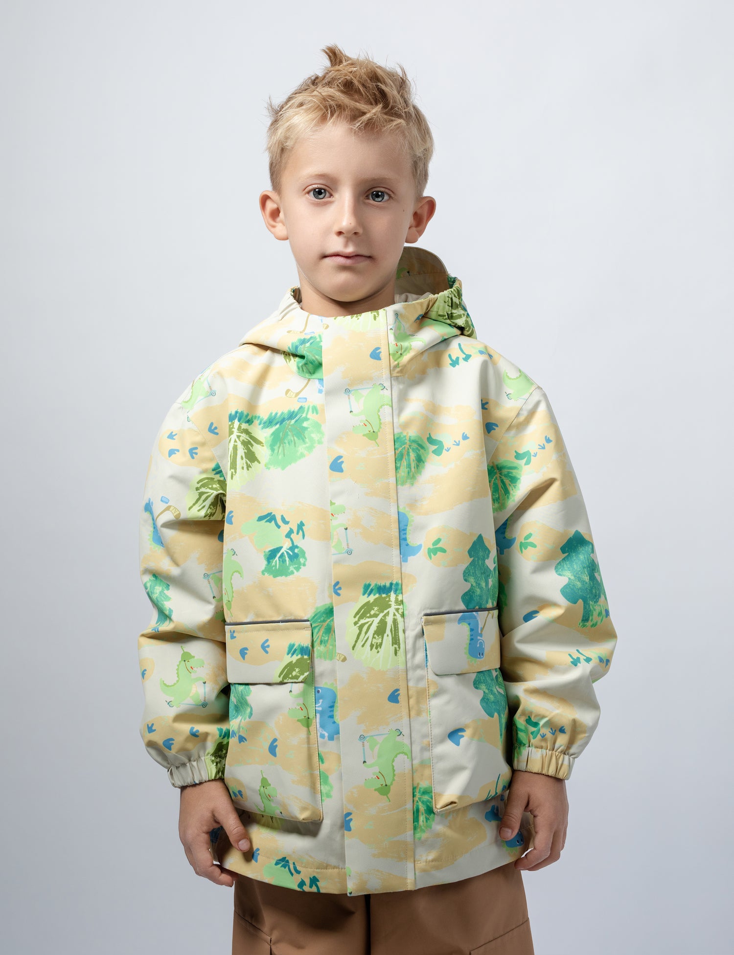 Kids Fleece Lined Waterproof Rain Jacket | Little Stanley Dino Sand